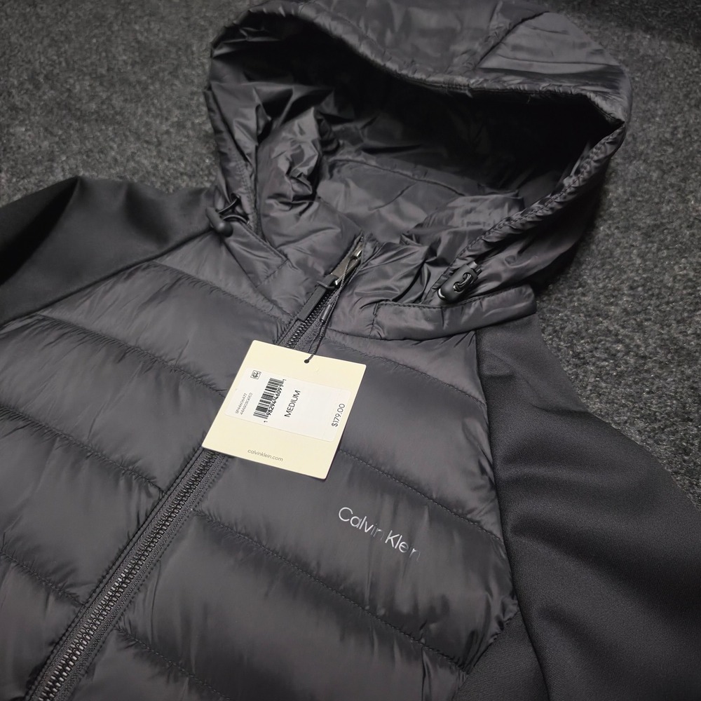 Calvin Klein Mens Black Hybrid Puffer Softshell Hooded Jacket Size Medium NEW